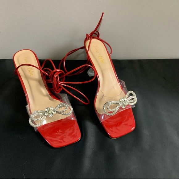 Square toe bow rhinestone clear lace up heels - Picture 1 of 7